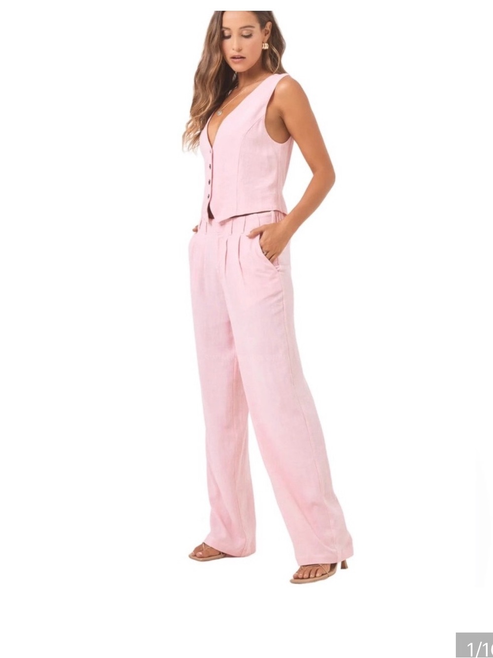 NEW L*space Light Pink Button-Front Linen-Blend Vest Top